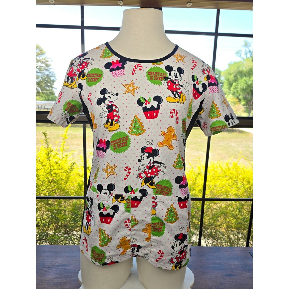 Disney Mickey Minnie Mouse Christmas Sweet Graphic Scrub Top Women's XS